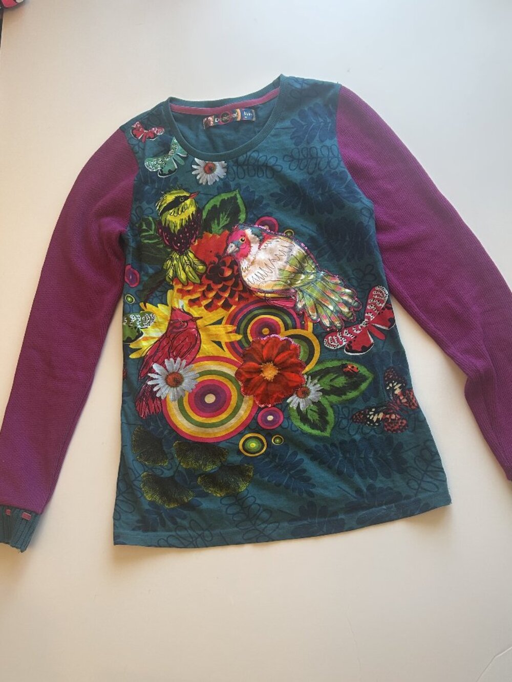 Colorful Desigual girls size 13/14 long-sleeve shirt. Teal & pink with birds.